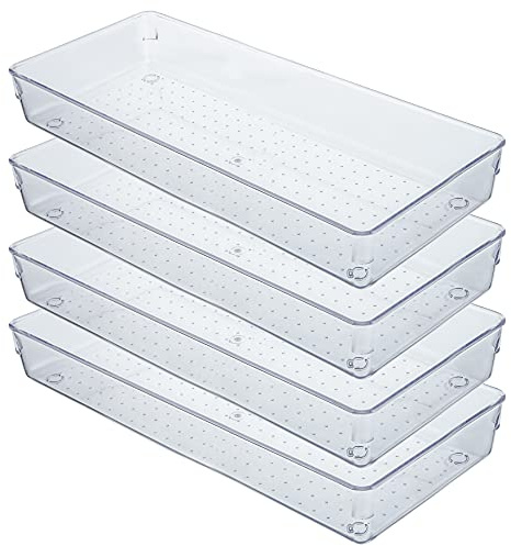 Kingrol 4 Stück Transparente Kunststoff Schubladeneinsätze, 38x15x5cm Großer Besteckkasten für Schubladen, Make-up Organizer für Kosmetik, Aufbewahrungsbox Set für Junks, Schminkutensilien