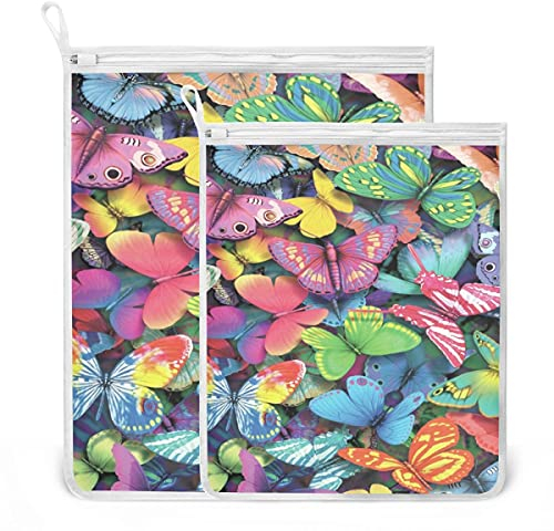 hengpai Set von 2 hochwertigen feinmaschigen Wäschesäcken, langlebige Wäschenetz-Waschbeutel für BH, Dessous, Unterwäsche, Socken, bunte Schmetterlinge, Reise-Organisation, Wäschebeutel
