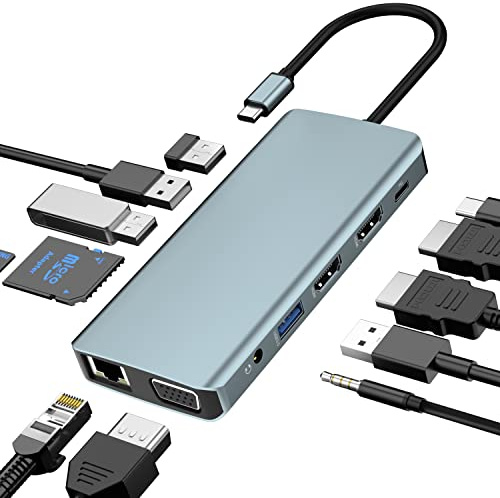 12 in 1 USB-C Dockingstation,3 Monitor Typ C auf 4K Dual HDMI+VGA Adapter, Laptop Dockingstation Multiport 100W PD, 3*USB3.0+USB2.0、1000M RJ45