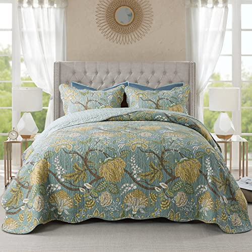 NEWLAKE Cotton Bedspread Quilt Sets-Reversible Patchwork Coverlet Set, Green Floral Pattern, Queen Size