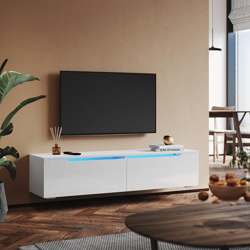 SUNXURY TV Schrank Hochglanz Weiß TV Board TV Lowboard mit LED Beleuchtung 140 x 35 x 30 cm Holz fernsehschrank Wohnzimmer