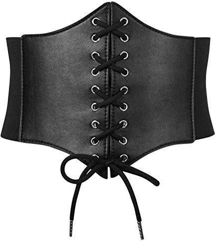SUOSDEY Schwarz Korsett Gürtel für Frauen - Vintage Lace-up Elastische Taille, Tied Waspie Breiter Gürtel für Halloween-Kostüm