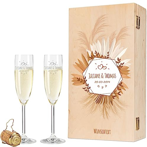 Leonardo - Bicchieri da spumante con incisione, motivo tropicale, con nome e data, con scatola di legno, regalo per matrimonio, fidanzamento, anniversario, colore: spumante
