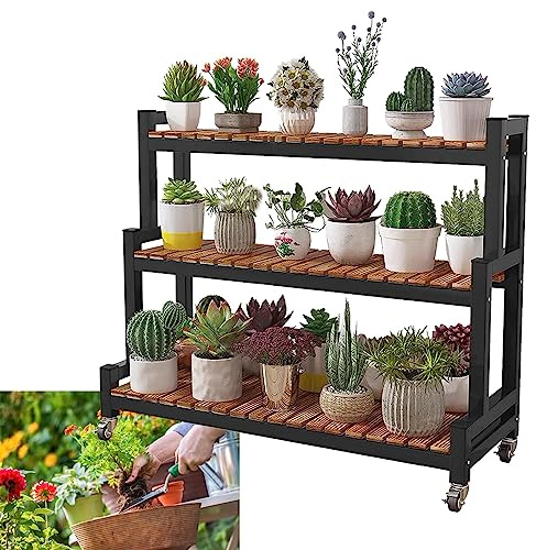 LIGUOYI Stand di Piante in Metallo Espositore per Piante A 2 Livelli 3 Livelli Stand per Piante Fioriera A Scalas con Rotelle, Risparmio di Spazio Facile da Spostare Mobile per Piante Portascarpe