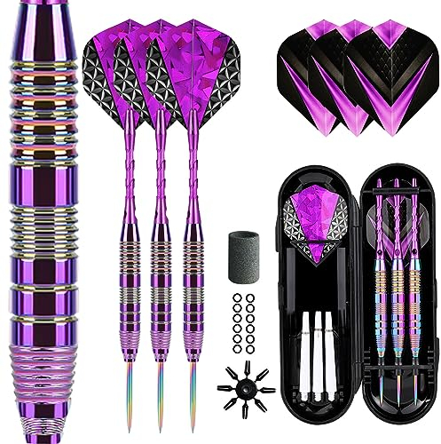 Dartpfeile mit Metallspitze 22 Gramm(Der ganze Pfeil), Profi Steeldarts mit Metallspitze Steeldarts Set Steel Darts Pfeile Set Stahl Spitze Darts Set 3 Aluminium Schaft + Extra 3 Dart-Flüge (purple-2)