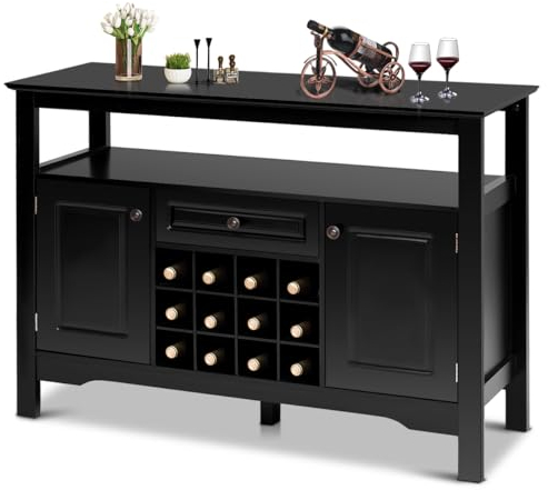 KOMFOTTEU Sideboard Küchenschrank mit Weinflaschen, Buffetschrank Weinschrank Holz, Beistellschrank Küche Kommode 117×40,5×85,5cm für Wohnzimmer Küche Esszimmer (Schwarz)