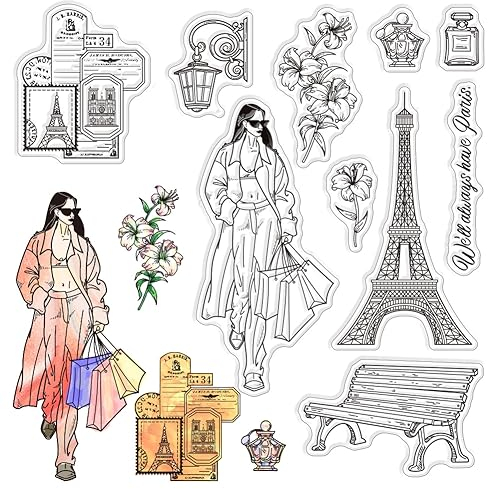 CRASPIRE Paris Architecture Clear Rubber Stamps Stylish Woman Benches Street Lamps Postcard Flowers Perfume Word Transparent Vintage Postmark Silicone Seals Stamp Journaling Card Making DIY