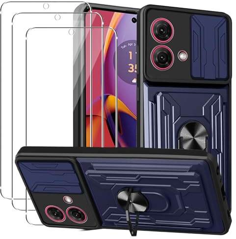 KZIOACSH Funda Motorola Moto G84 5G + 3× Cristal Templado,[Tapa Deslizante para la cámara] Anti-Choque con 360 Grados Magnetic Anillo Hard PC y Silicona TPU Bumper antigolpes Case,Azul