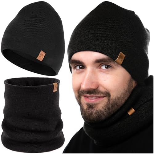 HEYO Herren Winterset Mütze Warme Strickmütze melliert Schlauchschal Rundschal Weiche Wintermütze Mit Thermo Fleece Gefüttert Loopschal Halswärmer 2er Set (Schwarz)
