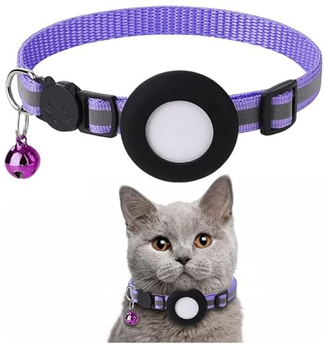 Airtag Katzenhalsband,Reflektierend GPS Leichte Tracker Katzenhalsbänder mit Airtag Hülle, Schnellverschluss, 21-34cm Verstellbar für Katzen Kitten Q7 (Lila)