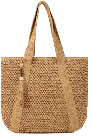 Syrads Bolso de playa de paja para mujer Bolso de mano tejido de verano Bolso de hombro Bolsos boho Hobo,Marrón