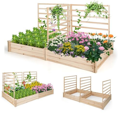 RELAX4LIFE Jardinère Surélevé en Bois avec 3 Treillis, 2 Bacs à Plantes Carré Potager surélevé Extérieur 2.2X 1.2x1.1M, Bac à Plantes Surélevé sans Fond pour Fruits Légumes Fleurs Herbes