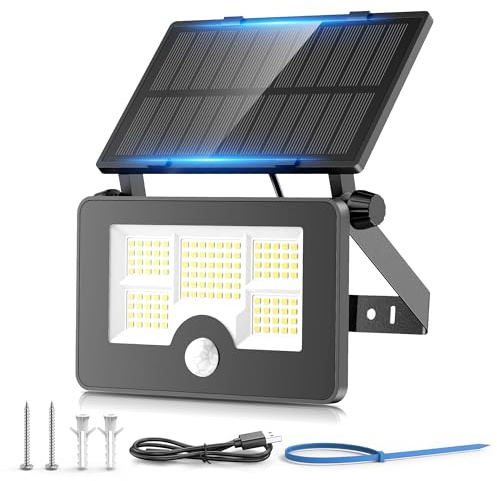OHAYORI Solarlampen für Außen mit Bewegungsmelder, 122 LED 4 Modi Solar Strahler, USB Aufladbare Solarleuchte Zaunlicht, 2200mAh Akku IP65 Wasserdichte Solar Wandleuchte für Garten Außenbereich