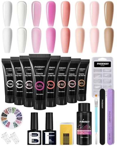 Phoenixy Poly Extension Gel 8 Couleurs 15 ML Vernis Semi Permanent Blanc Rose Nude Orange Base et Top Coat Kit Ongle Gel U V Complet Cadeaux Pour Femmes