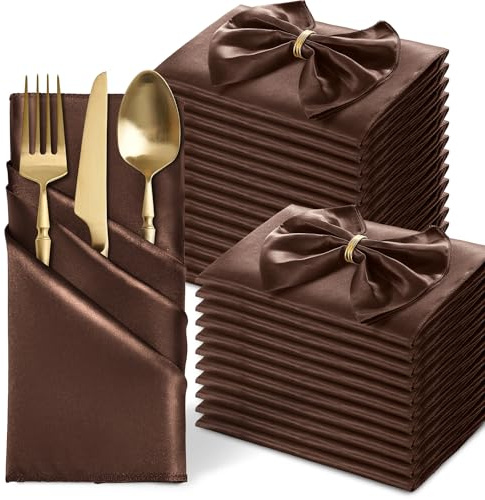 MILVOWOC Paquete de 24 servilletas cuadradas de satén marrón chocolate de 20 x 20 pulgadas, servilletas de cena de seda suave y decorativas, servilletas de tela sedosa para bodas, cenas, restaurantes,