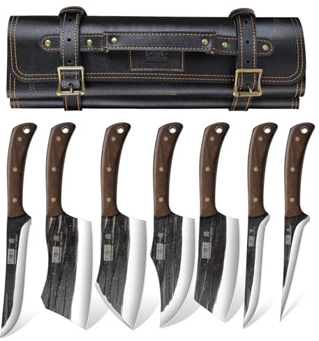 HOSHANHO Metzgermesser Set, Handgeschmiedetes Metzger Küchenmesser Set mit Messertasche, Scharfes Fleischmesser, Knochenhackmesser und Filetiermesser für Zuhause, Camping und BBQ, Geschenk für Männer