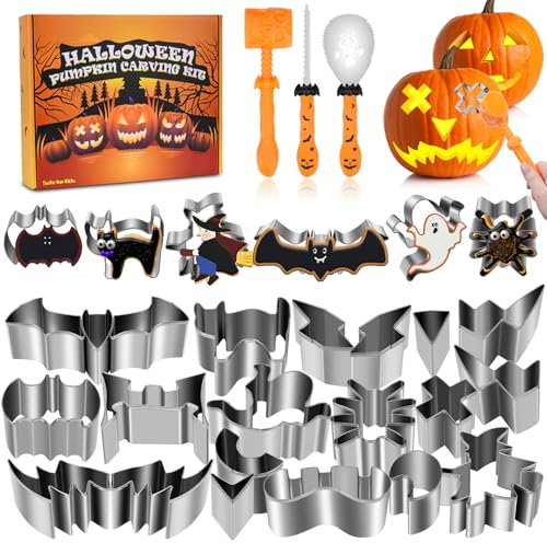 Dreamtop 24 Pcs Pumpkin Carving Kit Templates Stainless Steel DIY Pumpkin Carving Tool Including Rubber Hammer for Adults Halloween Pumpkin Carving Set Pumpkin Carving Stencils