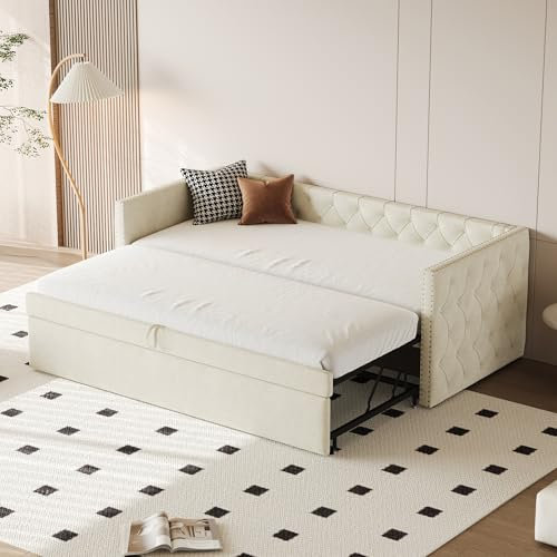 Ymkua Polsterbett Einzelbett Sofabett 90x200 cm, Kinderbett Schlafsofa Tagesbett mit Ausziehbares Rollbett, Jugendbett Bett mit Lattenrost, Klassische Gästebett, Samt, Ohne Matratze (Beige)