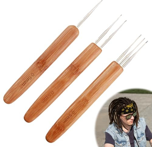 3 Stück 0,5 mm Dreadlock Häkelnadel Bambus Nadel Weben Häkeln, Dreadlocks aus Bambus und Edelstahl- Ideal für Dreadlocks, Zöpfe, Perücken und mehr - Verschiedene Größen: 1 Haken, 2 Haken, 3 Haken