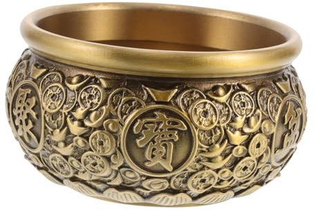 HOOTNEE Feng Shui Treasure Basin Copper Money Jar 7.5cm Vintage Brass Wealth Bowl Good Luck Home Office Table Centrepiece