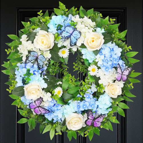 [Lighted & Timer] 24 Spring Summer Wreaths for Front Door Blue Hydrangea Wreath with Lights Butterfly Rose Daisies Artificial Floral Wreath for Home Wall Window Farmhouse Wedding Indoor Outdoor Decor