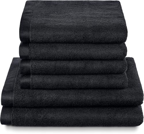 herzbach home Deep Black Kollektion | Set: 2X Duschtücher 4X Handtücher | 100% Baumwolle | Weich und Saugstark | Farbe: Schwarz