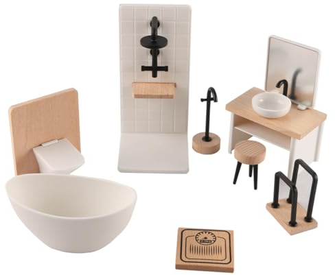 Sarini Set da Bagno per casa delle Bambole in Miniatura, Modello di Simulazione, Toilette, Vasca da Bagno, mobiletto da Bagno in Legno con lavandino, 1 Set