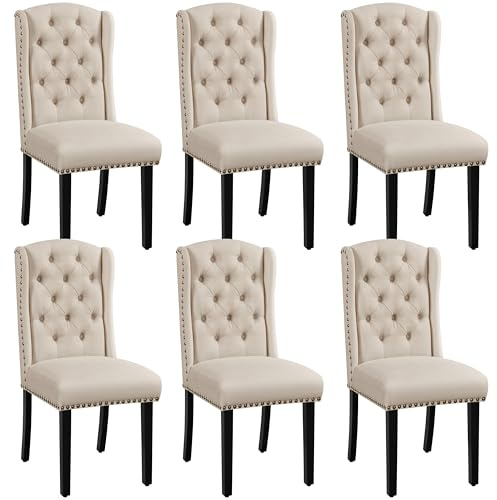 Yaheetech Set 6 Sedie Sala da Pranzo Tessuto Imbottite Eleganti Gambe in Legno Massello Schienale Alto con Bottoni Portata 140 KG Beige