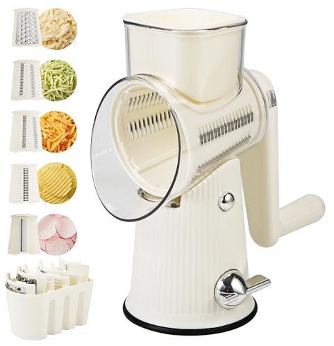 Rotary Cheese Grater with Handle: 5 in 1 Cheese Grater Hand Crank Cheese Shredder with Strong Suction Base Kitchen Vegetable Slicer with 5 Interchangeable Blades, Storage Box, White