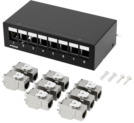 FGB Panneau de brassage 10 Gbps 8 ports CAT7 avec 8 modules jack Keystone CAT.7 RJ45, panneau de brassage STP pour réseau LAN DSL, compatible avec CAT6, CAT6a, CAT7, CAT8