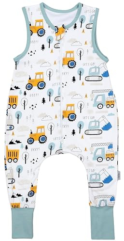 TupTam Sommerschlafsack Baby mit Beinen– Leichter Schlafsack Baby Sommer 0.5 TOG, OEKO-TEX, Farbe: Baustelle Bagger Traktor Raupe Light Petrol Gelb, Größe: 92-98