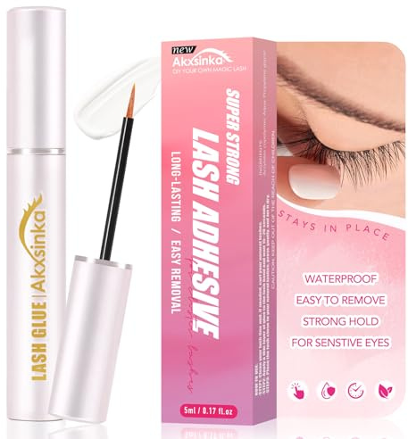 AKXSINKA False Eyelash Glue for Cluster Lashes,Waterproof Super Strong Hold Clear Strip Lash Glue for Sensitive Eyes,Fast Drying Lash Adhesive 5ml/0.17fl.oz White