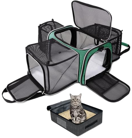 BAGLHER Expandable Cat Carrier with Travel Litter Box, Pet Travel 5 Sides Open Doors 3 Sides, Leak-Proof and Collapsible, for Car, Airplane Trip, Green
