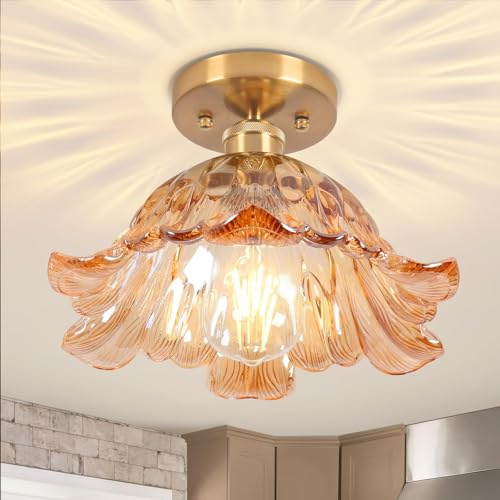 Vloitgol Deckenleuchte Vintage mit lampenschirm Bernstein glas E27 25cm halbbündige Bernstein Deckenlampe Vintage blumen Glas für Schlafzimmer Flur Küche Esszimmer Wohnzimmer-Glühbirne nicht enthalten