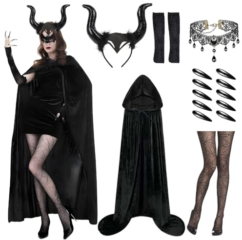 Yi'antai 17 pezzi Diavolo Costume da Donna, Costumi da Halloween da Donna, Costume Diavolo donna Mantello con Corna del diavolo, costume da Diavol Gotico con Collana Occhiali Maniche Unghie (M-120cm)