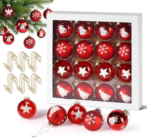Weihnachtskugeln Glas 6cm Rot, 16 Stück Christbaumkugeln mit 4 Weihnachtselemente Motiven (Glocken, Sterne, Schneeflocken, Tannenbäume), inkl. 25 Goldene Haken – Exklusiver Weihnachtsschmuck