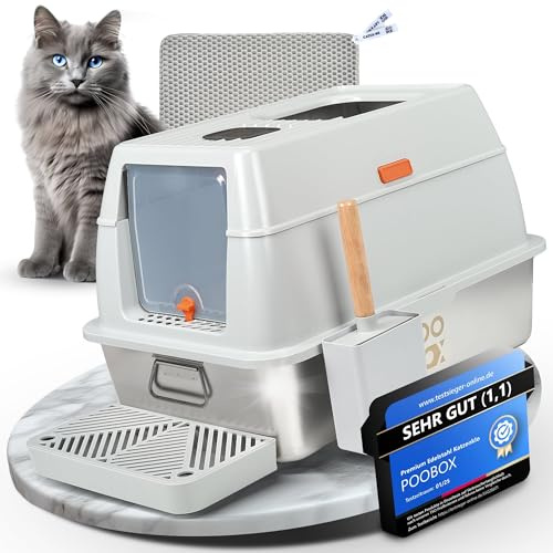 POOBOX® Katzenklo Edelstahl mit Deckel, 60x40, grau, auslaufsicher, Zubehör | 3-in-1 Katzentoilette geschlossen offen, Geruchsfilter, Hop in, Schaufel, Matte und Stufe, geruchsarm, hoher Rand