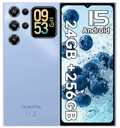 OUKITEL C62 Pro Telephone Portable Pas Cher Android 15, 24GO+256GO/1TO, 6,88 HD+ & 1.81 Arrière Écran, Smartphone Pas Cher Batterie 5150mAh, 13MP+5MP, Téléphone Débloqué Dual SIM/GPS/OTG/FNC-Bleu