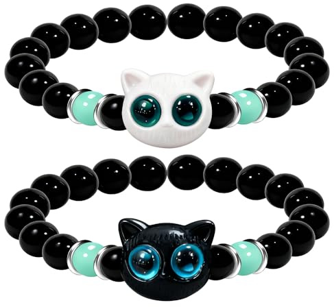 Mifexi 2pcs Set Black and White Cat Matching Bracelets for Couples Friendship Sister Bestie Bf Gf Valentine's Day Birthday Christmas Halloween Charm Bracelets Jewelry Gifts
