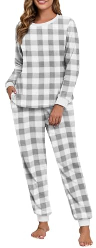PrinStory Pigiama da donna in pile girocollo pigiama in flanella pigiama a maniche lunghe e pantaloni