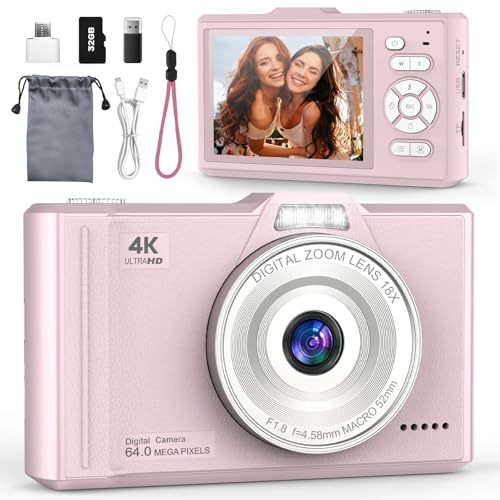 QIVORO Digital Camera 4K 64MP Compact Portable Photo Camera,18X Digital Zoom Autofocus | Anti-Shake,2.8 IPS Screen with 32GB SD Card & OTG Adapter,Vlogging Camera for Kids Teens Students Beginners