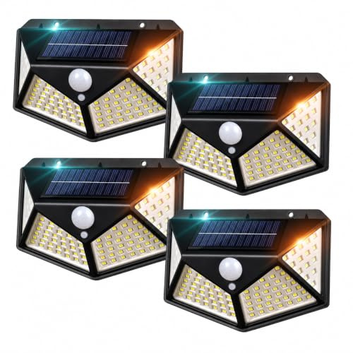 PAVLED Outdoor Solar Lights 100 LED Solar Powered 1200 mAH Outside Light 3 Modes Motion Sensor and 270°Wide Angle Waterproof Solar Power Wall Lighting for Fence Flood Door Garage 4 Pack