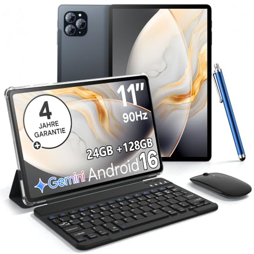 11 Zoll Android 16 Tablet mit Tastatur - 24GB RAM+128GB ROM | Octa Core T615, 1920x1200 FHD+IPS, 8000mAh Akuu, 13MP KI Kamera, Gemini AI 3.0/Widevine L1/GPS/Face ID/Tablet mit WLAN 5g