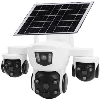 VBESTLIFE Caméra de sécurité Solaire PTZ WiFi à Triple Objectif sans Fil, Caméras Latérales avec Bras Réglable à Tous Les Angles, Vue 2K à 360° sans Angle Mort, Audio Bidirectionnel