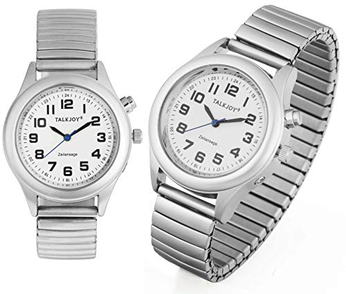 TalkJoy Sprechende Armbanduhr für Herren, Uhr für Senioren & Blinde, Sprachansage in Deutsch, Uhrzeit & Datum per Knopfdruck, große Zahlen, Wecker, automatische Zeitansage, Farbe Silber