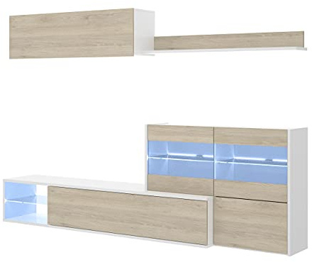 DEKIT GRUPO RIMOBEL Composición de salón TV con luz LED, Blanco Brillo / Natural, 180x260x41 cm, UMA