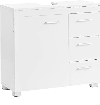 VASAGLE Waschbeckenunterschrank, Badezimmerschrank, 3 große Schubladen, 30 x 70 x 64 cm, Badschrank, 2 Fächer hinter der Tür, Badezimmer-Unterschrank mit Füßen, wolkenweiß BBK503W10