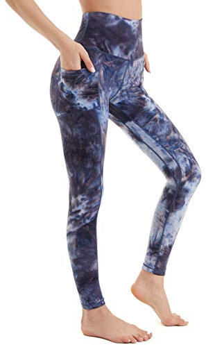 AMYTIS Korta leggings för kvinnor sportbyxor ogenomskinliga cykelbyxor hög midja med fickor, Mörkblå #2, L