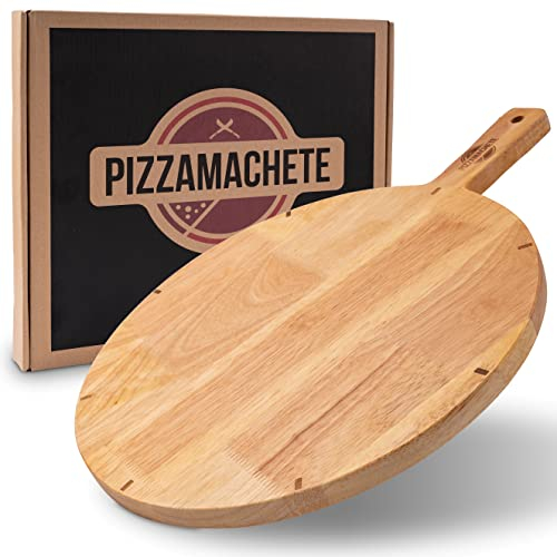PIZZAMACHETE Pizzateller Holz, Pizzabrett aus Kautschukholz, Pizza-Zubehör für zu Hause, Pizza-Schneidebrett Rund, Pizza-Plate für Pizza, Foccacia oder Brot, Pizza-Holzbrett 30,5 cm Durchmesser