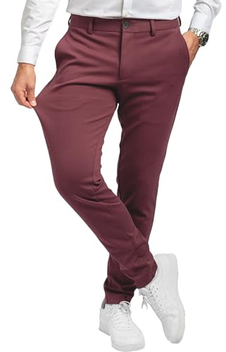 Performance Pants Eleganta herrbyxor med smal passform, stretchiga byxor för män, bekväma och praktiska herrbyxor för arbete och fritid, bekväma tygbyxor, Burgund, 34W / 34L